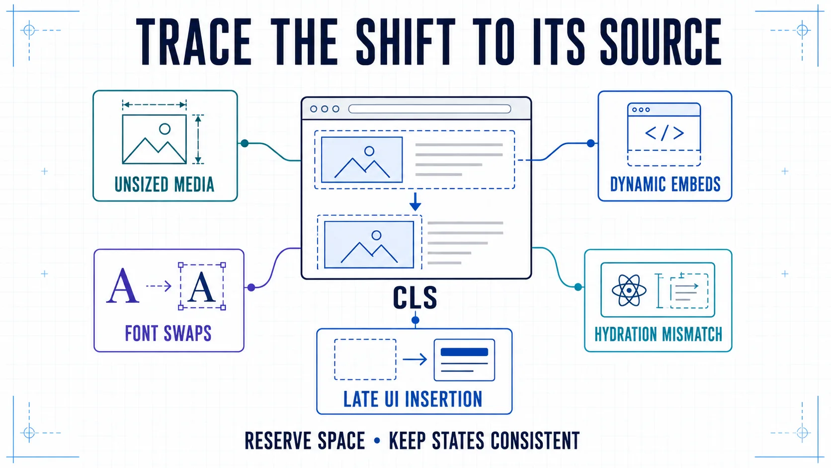 CLS source map connecting unsized media, dynamic embeds, font swaps, hydration mismatch, and late interface insertion to a shifting viewport.