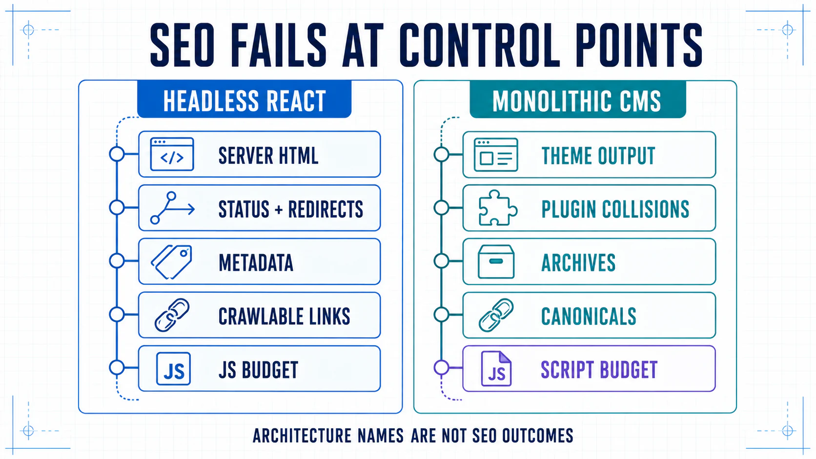 Two-column checklist showing the SEO control points that headless React and monolithic CMS teams must own.