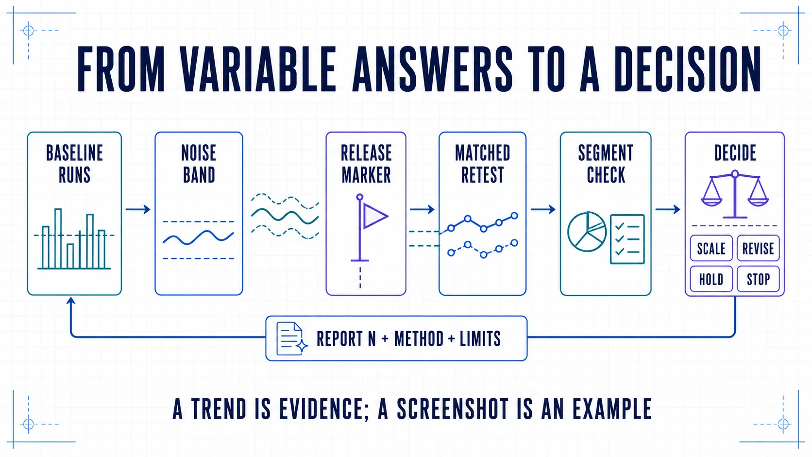 A six-stage decision loop from baseline runs and a noise band through a release marker, matched retest, segment check, and a scale, revise, hold, or stop decision.